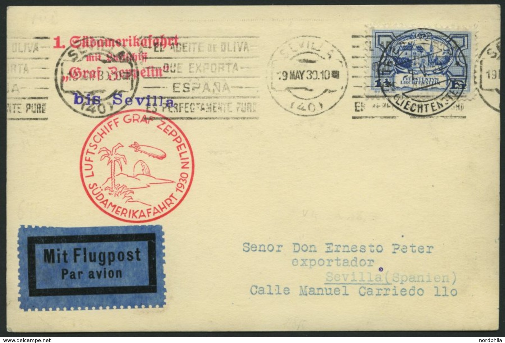 ZULEITUNGSPOST 57A BRIEF, Liechtenstein: 1930, Südamerikafahrt, Bis Sevilla, Mit Einzelfrankatur Mi.Nr. 71, Prachtkarte - Airmail & Zeppelin