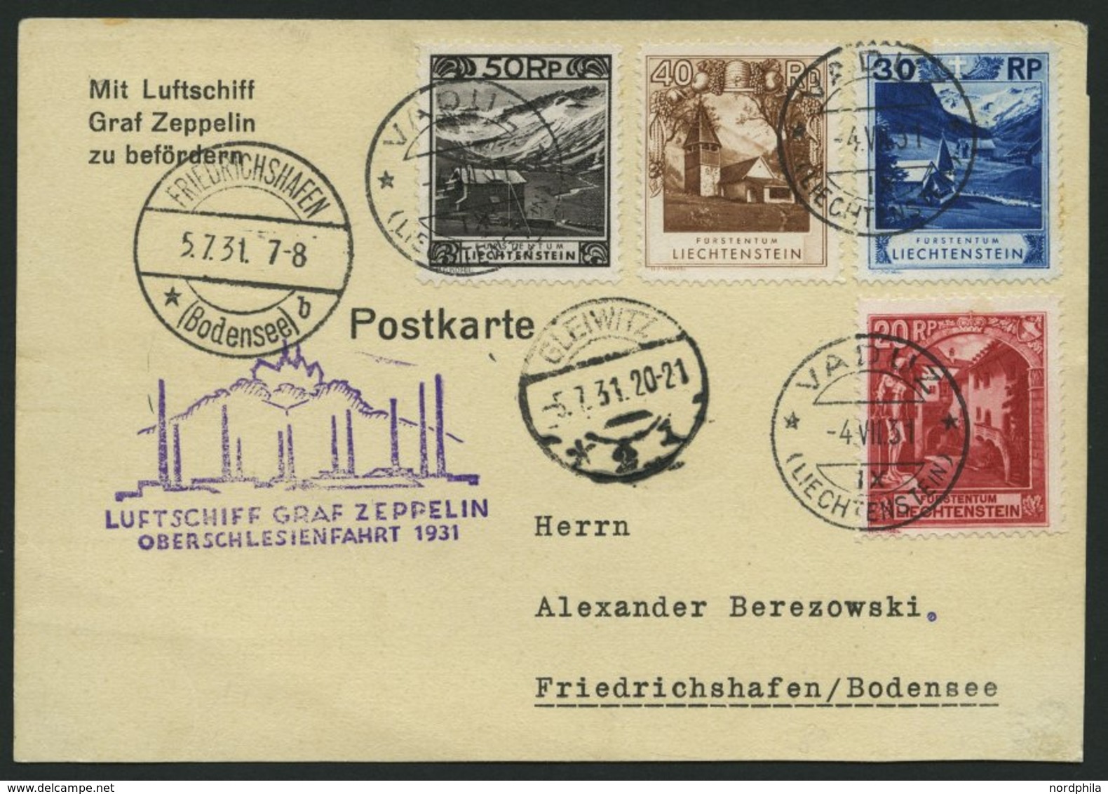 ZULEITUNGSPOST 115 BRIEF, Liechtenstein: 1931, Oberschlesienfahrt, Prachtkarte - Luft- Und Zeppelinpost