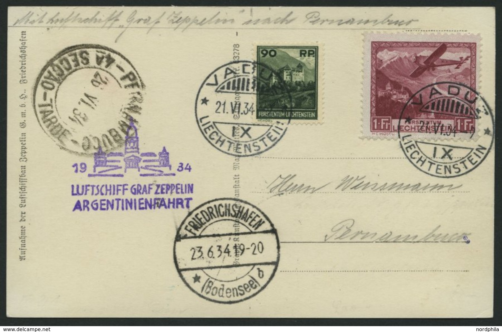 ZULEITUNGSPOST 254 BRIEF, Liechtenstein: 1934, Argentinienfahrt, Prachtkarte Mit Guter Frankatur - Luft- Und Zeppelinpost