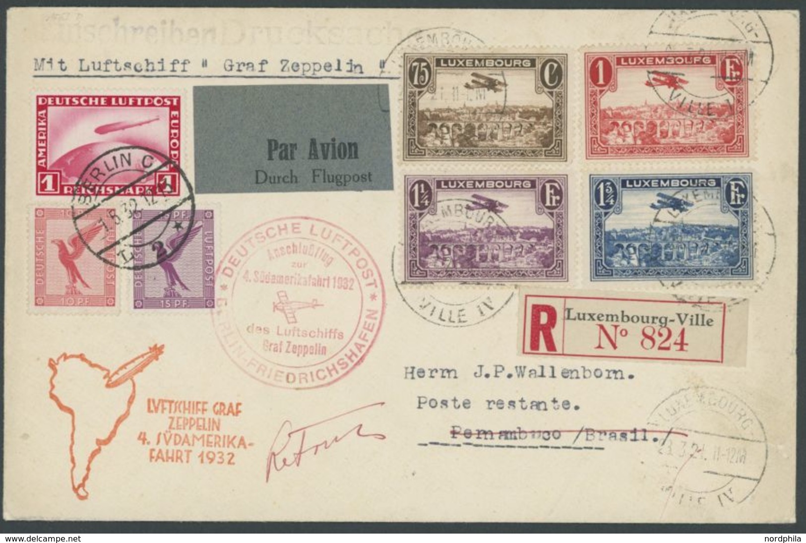 Luxemburg: 1932, 4. Südamerikafahrt, Anschlußflug Ab Berlin, Einschreibbrief, Pracht, Sieger Unbekannt! -> Automatically - Airmail & Zeppelin