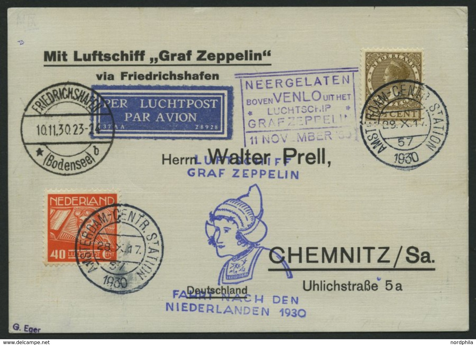 ZULEITUNGSPOST 98Aa BRIEF, Niederlande: 1930, Fahrt In Die Niederlande, Abwurf Venlo, Violetter Sonderankunftsstempel, P - Airmail & Zeppelin