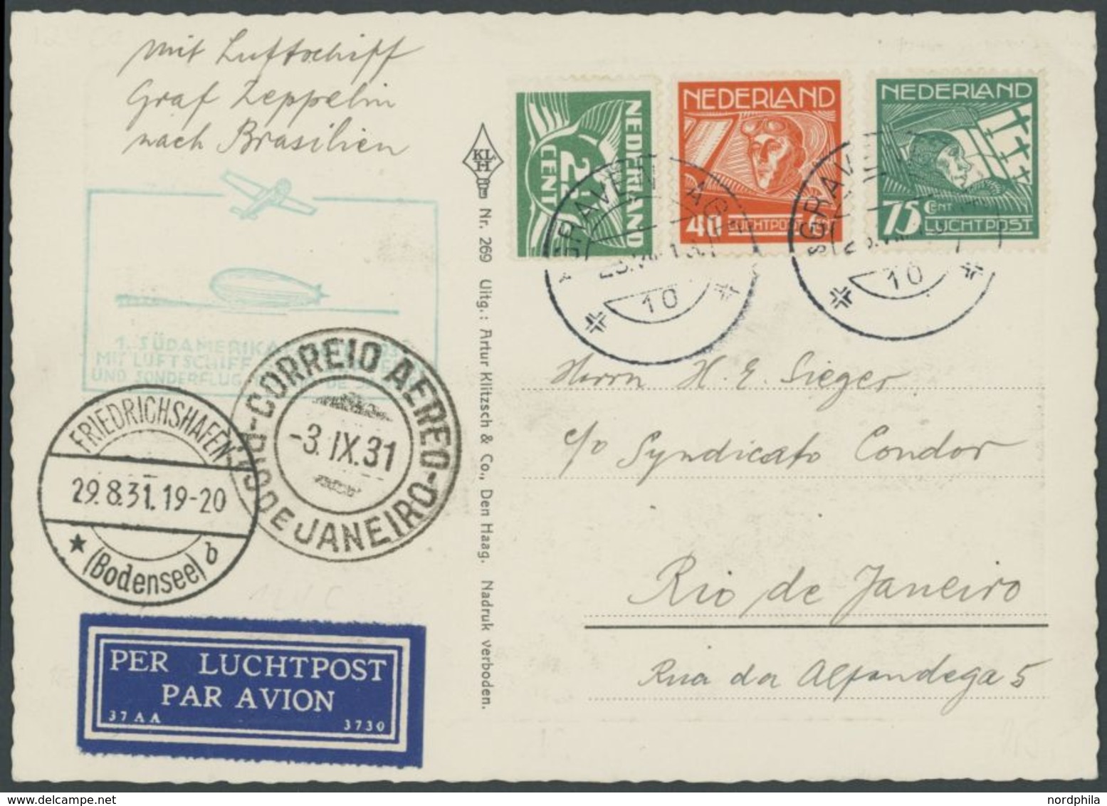 Niederlande: 1931, 1. Südamerikafahrt, Bis Rio De Janeiro, Prachtkarte -> Automatically Generated Translation: Netherlan - Airmail & Zeppelin