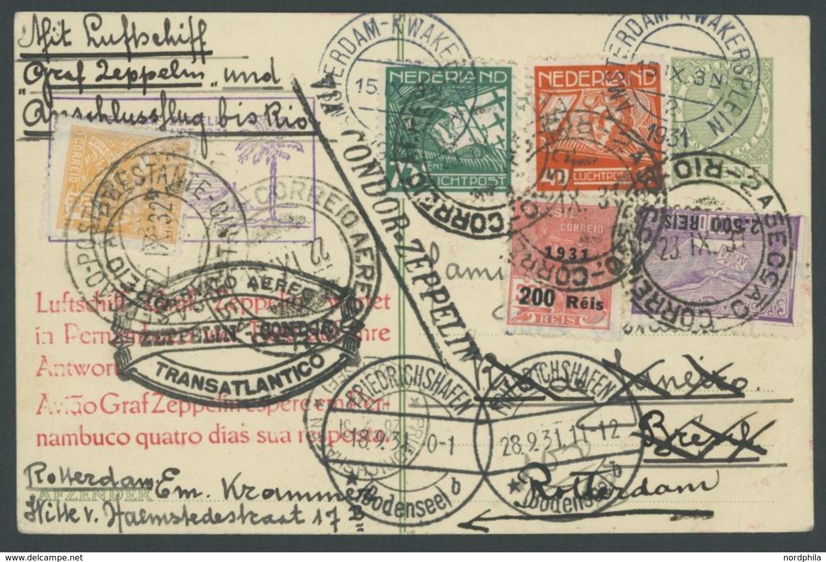 Niederlande: 1931, 2. Südamerikafahrt, Hin-und Rückfahrt, Niederländisch/brasilianische Frankatur, Prachtkarte, Vermutli - Poste Aérienne & Zeppelin