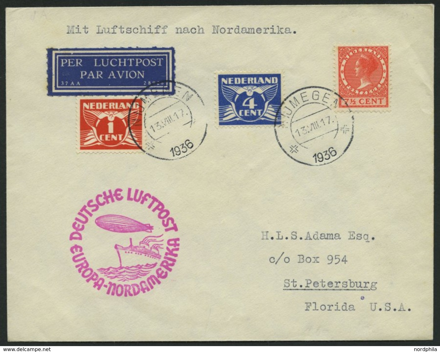 ZULEITUNGSPOST 430 BRIEF, Niederlande: 1936, 7. Nordamerikafahrt, Prachtbrief - Airmail & Zeppelin