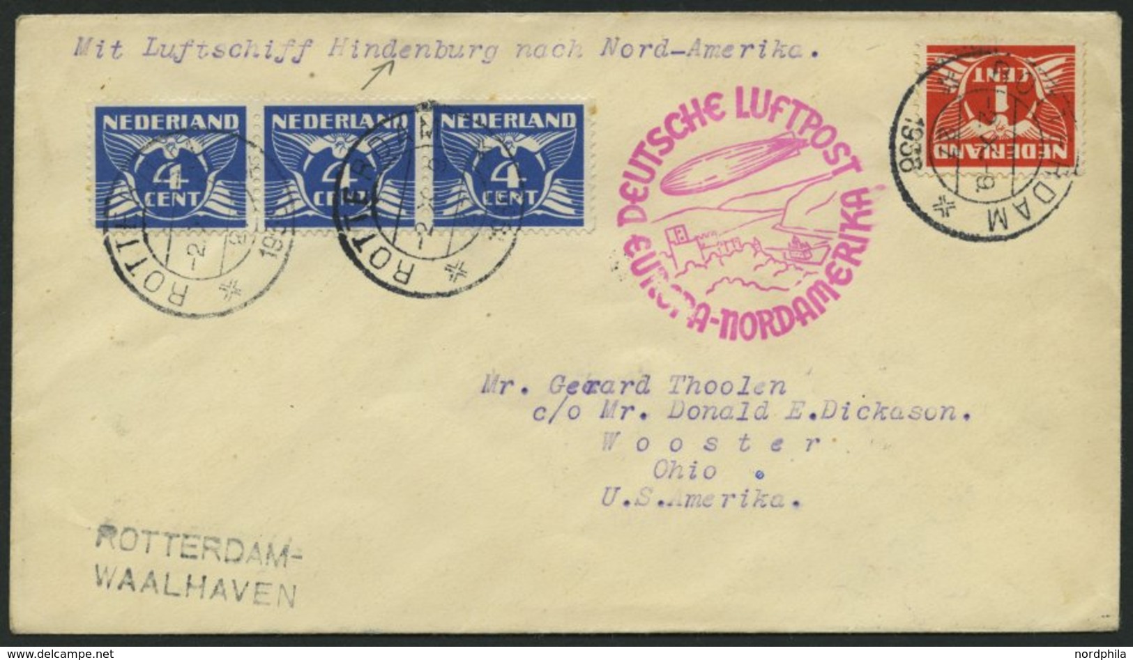 ZULEITUNGSPOST 441 BRIEF, Niederlande: 1936, 10. Nordamerikafahrt, Prachtbrief - Airmail & Zeppelin