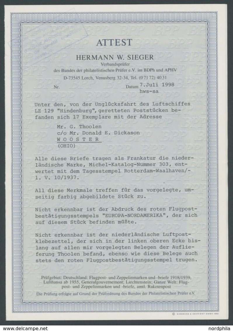 Niederlande: 1937, 1. Nordamerikafahrt, Sog. Lakehurst Katastrophenbrief, Frankiert Mit 12 1/2 C. Pfadfindermarke, Am 10 - Poste Aérienne & Zeppelin