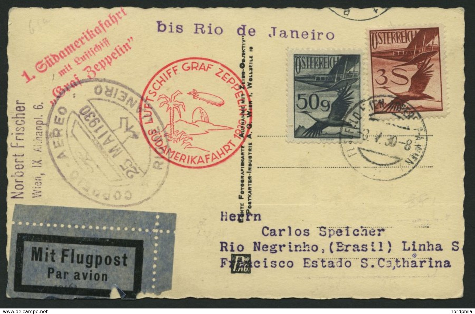 ZULEITUNGSPOST 57E BRIEF, Österreich: 1930, Südamerikafahrt, Bis Rio De Janeiro, Prachtkarte - Poste Aérienne & Zeppelin