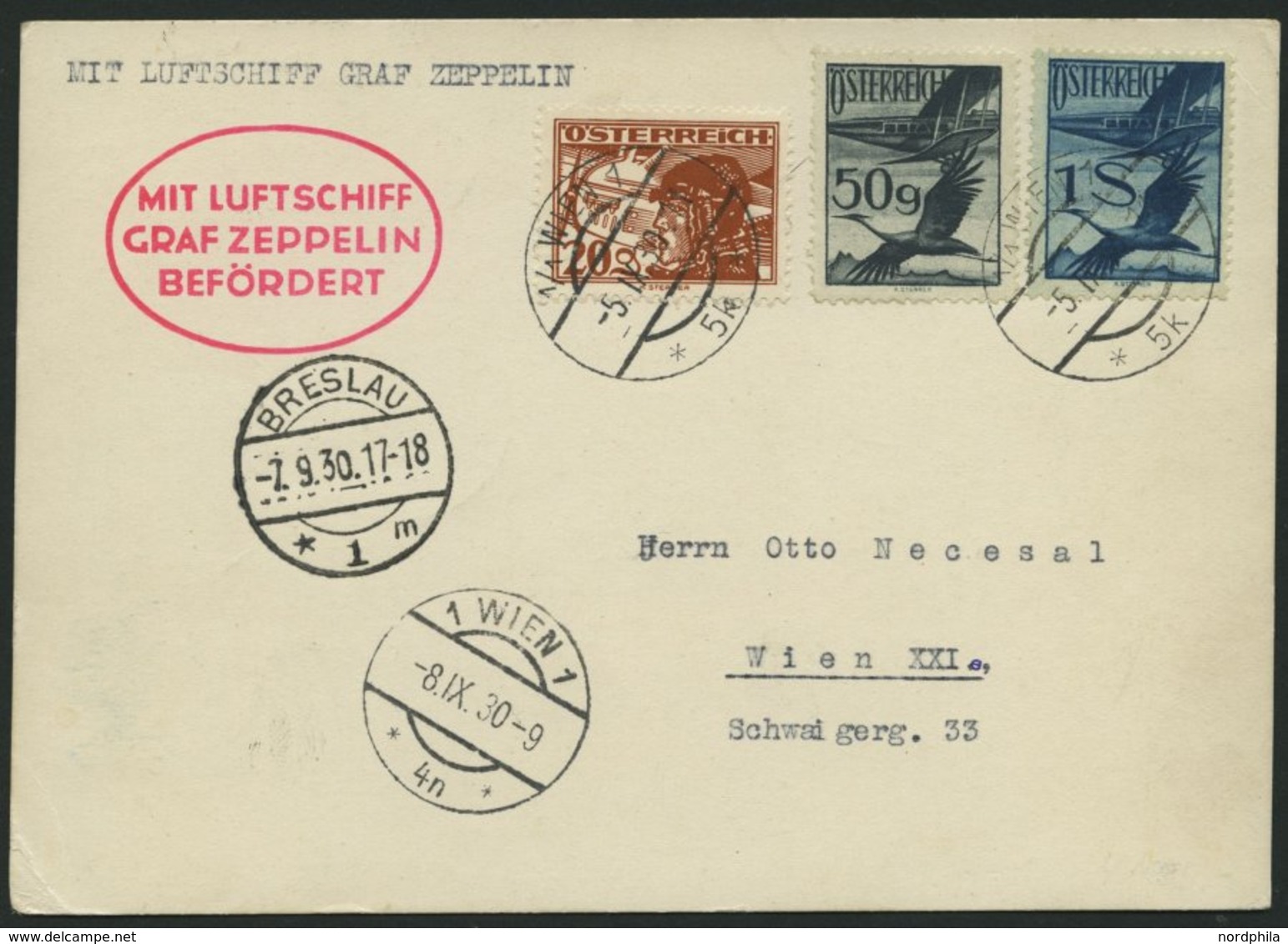 ZULEITUNGSPOST 83 BRIEF, Österreich: 1930, Fahrt Nach Breslau, Prachtkarte - Poste Aérienne & Zeppelin