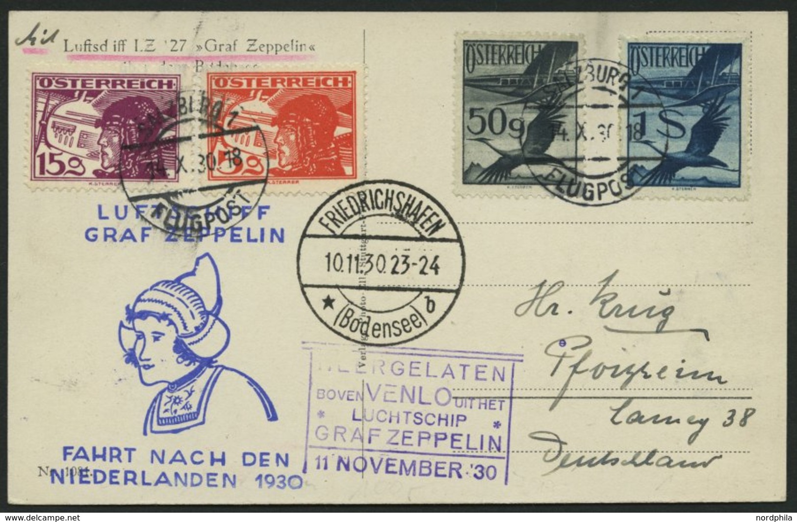 ZULEITUNGSPOST 98 BRIEF, Österreich: 1930, Hollandfahrt, Aufgabestempel Salzburg 1. Flugpost, Prachtkarte - Airmail & Zeppelin