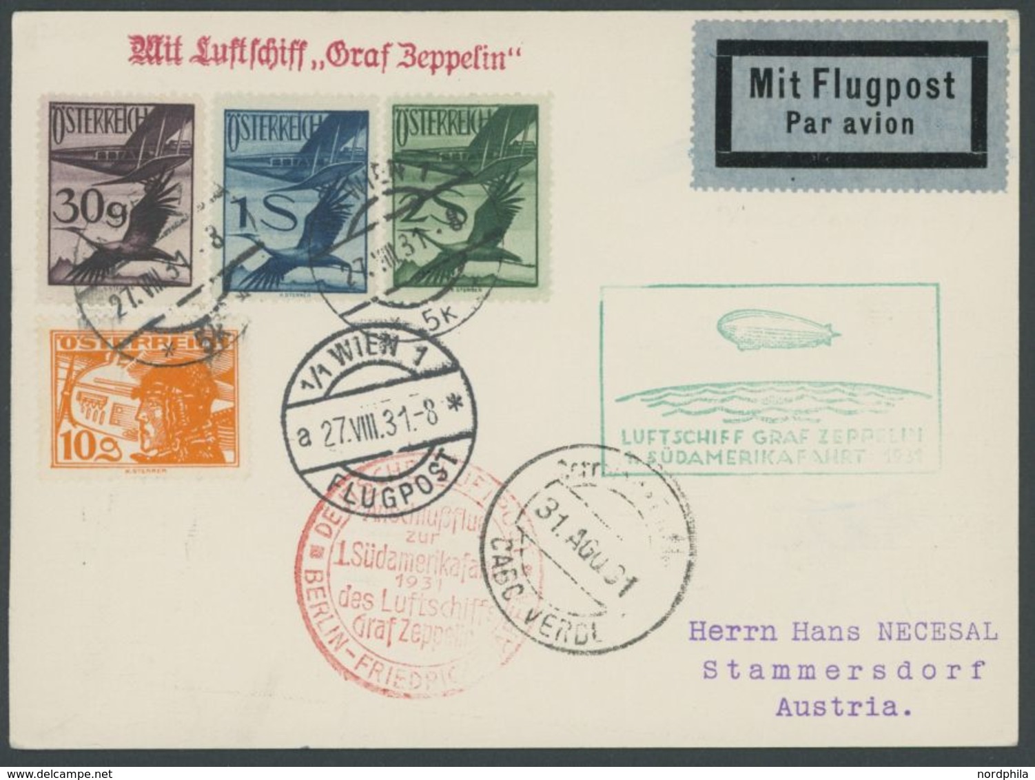 Österreich: 1931, 1. Südamerikafahrt, Anschlussflug Ab Berlin Bis Kap Verde, Prachtkarte -> Automatically Generated Tran - Airmail & Zeppelin