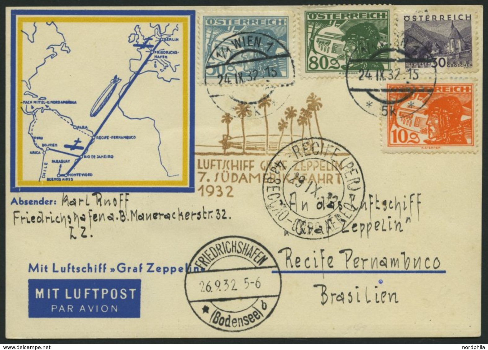 ZULEITUNGSPOST 183 BRIEF, Österreich: 1932, 7. Südamerikafahrt, Prachtkarte - Airmail & Zeppelin