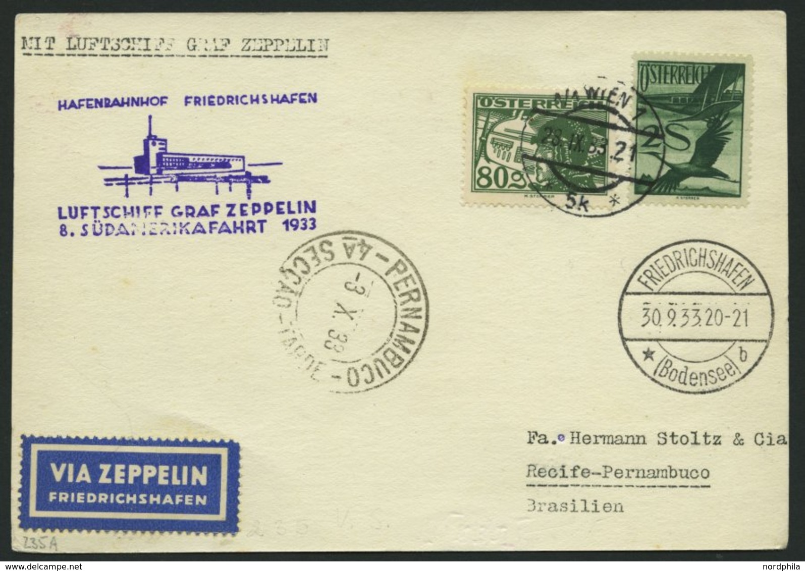 ZULEITUNGSPOST 235 BRIEF, Österreich: 1933, 8. Südamerikafahrt, Prachtkarte - Airmail & Zeppelin