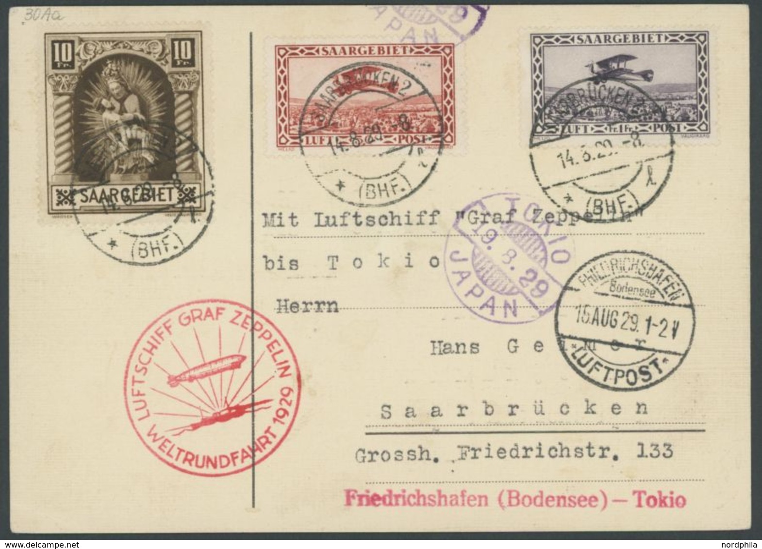 Saargebiet: 1929, Weltrundfahrt, Poststempel Friedrichshafen, Friedrichshafen-Tokio, Frankiert U.a. Mit Mi.Nr. 103, Prac - Poste Aérienne & Zeppelin