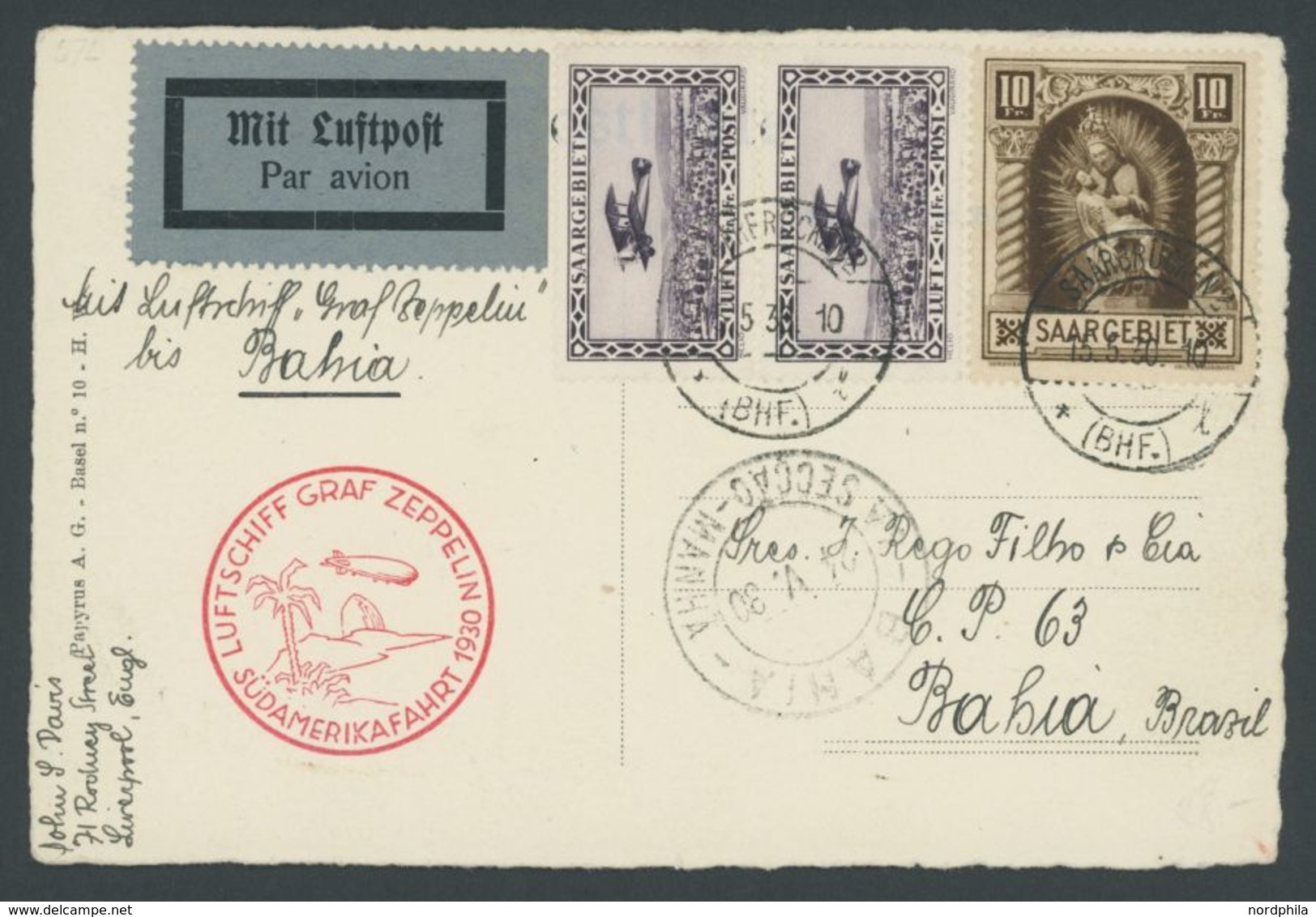 Saargebiet: 1930, Südamerikafahrt, Bis Bahia, Frankiert U.a. Mit Mi.Nr. 103, Englischer Absender, Prachtkarte -> Automat - Airmail & Zeppelin