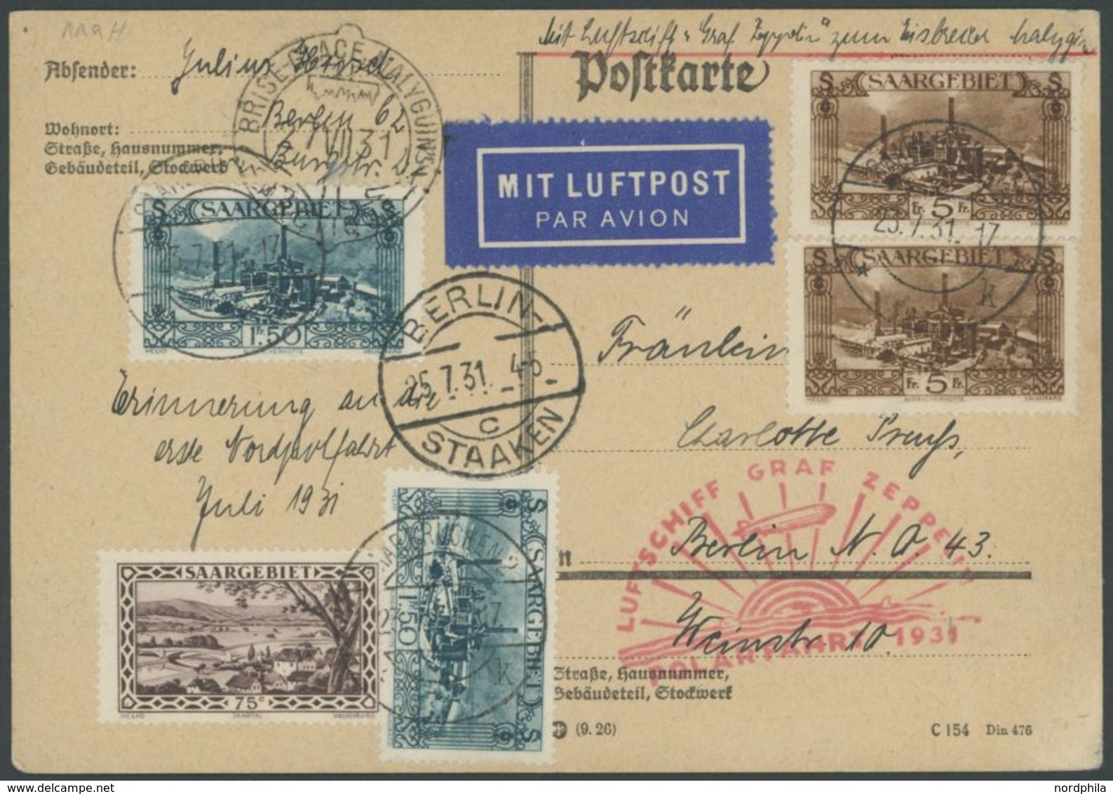 Saargebiet: 1931, Polarfahrt, Auflieferung Berlin, Bis Malygin, Prachtkarte -> Automatically Generated Translation: Saar - Airmail & Zeppelin