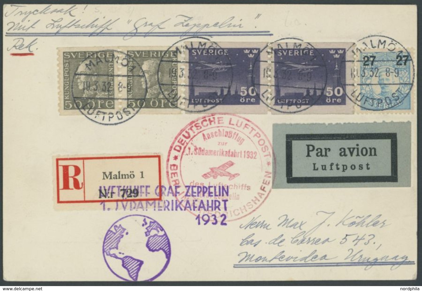 Schweden: 1932, 1, Südamerikafahrt, Einschreibkarte, Pracht -> Automatically Generated Translation: Sweden: 1932, "1, So - Airmail & Zeppelin