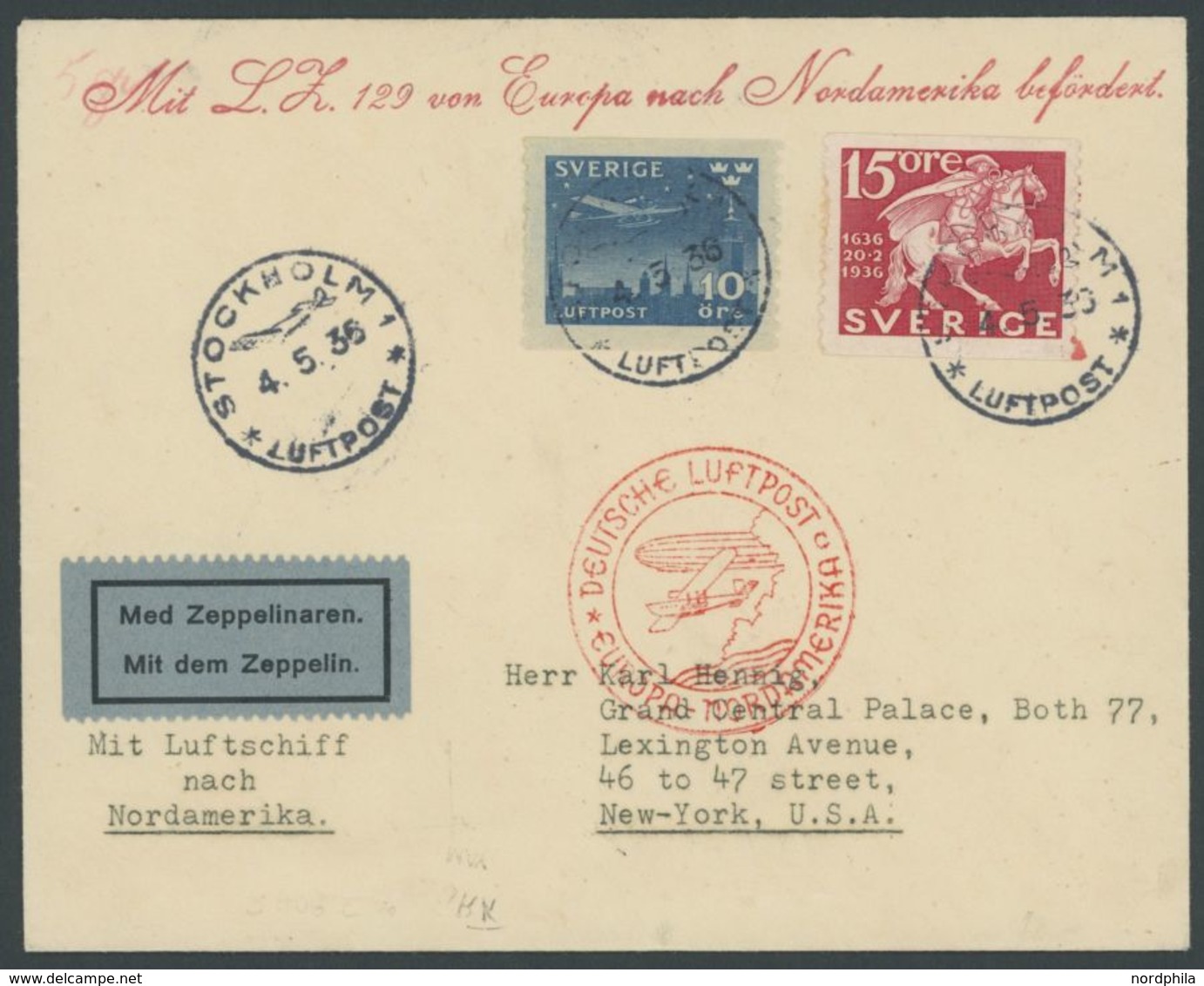 Schweden: 1936, 1. Nordamerikafahrt, Anschlussflug Ab Frankfurt, Prachtbrief -> Automatically Generated Translation: Swe - Airmail & Zeppelin