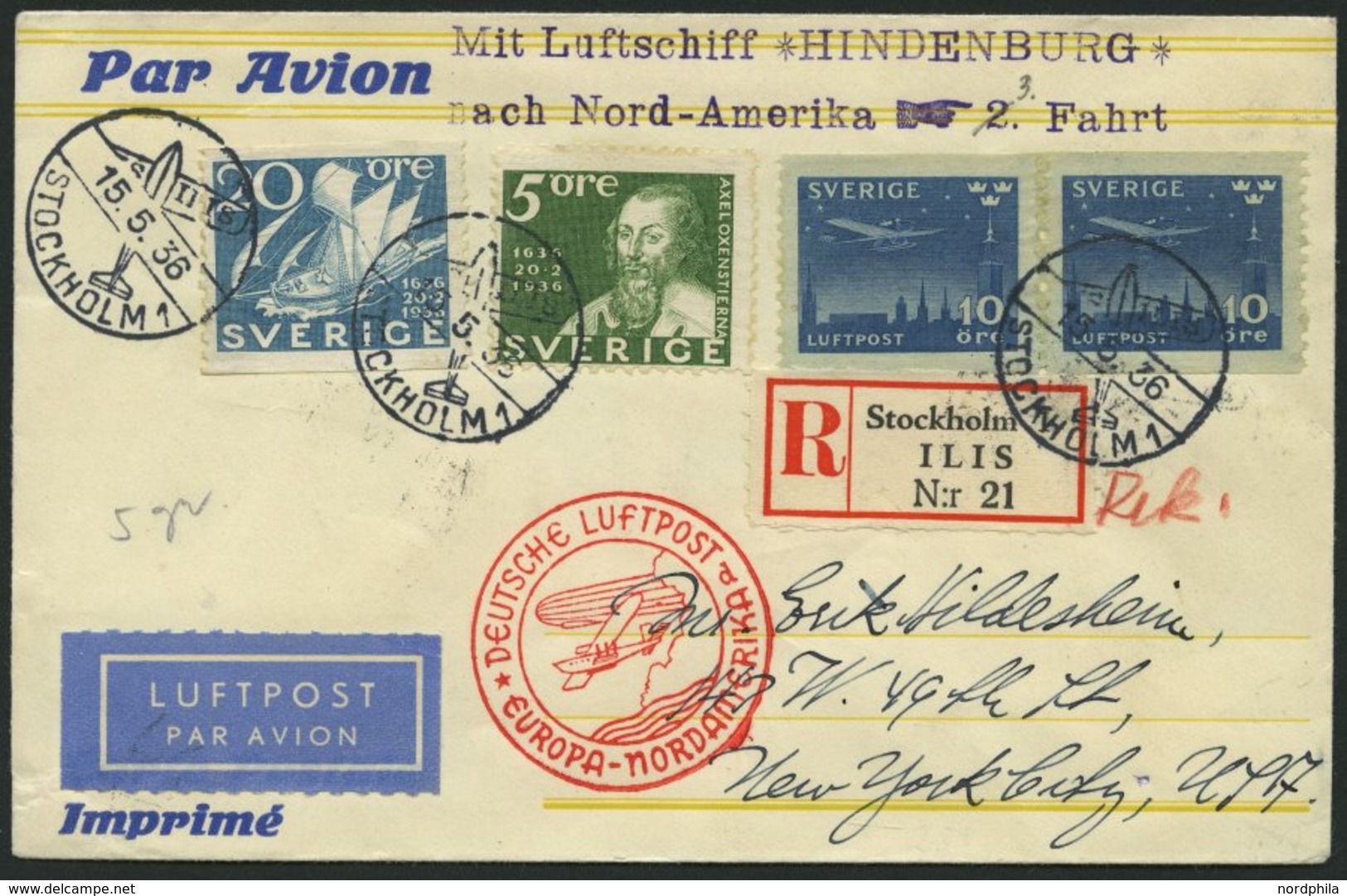 ZULEITUNGSPOST 417 BRIEF, Schweden: 1936, 3. Nordamerikafahrt, Einschreibbrief, Pracht - Poste Aérienne & Zeppelin