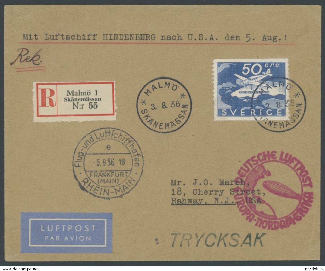 Schweden: 1936, 6. Nordamerikafahrt, Einschreibbrief Mit Ereignis R-Zettel Malomö 1 Skänemässan, Pracht -> Automatically - Airmail & Zeppelin