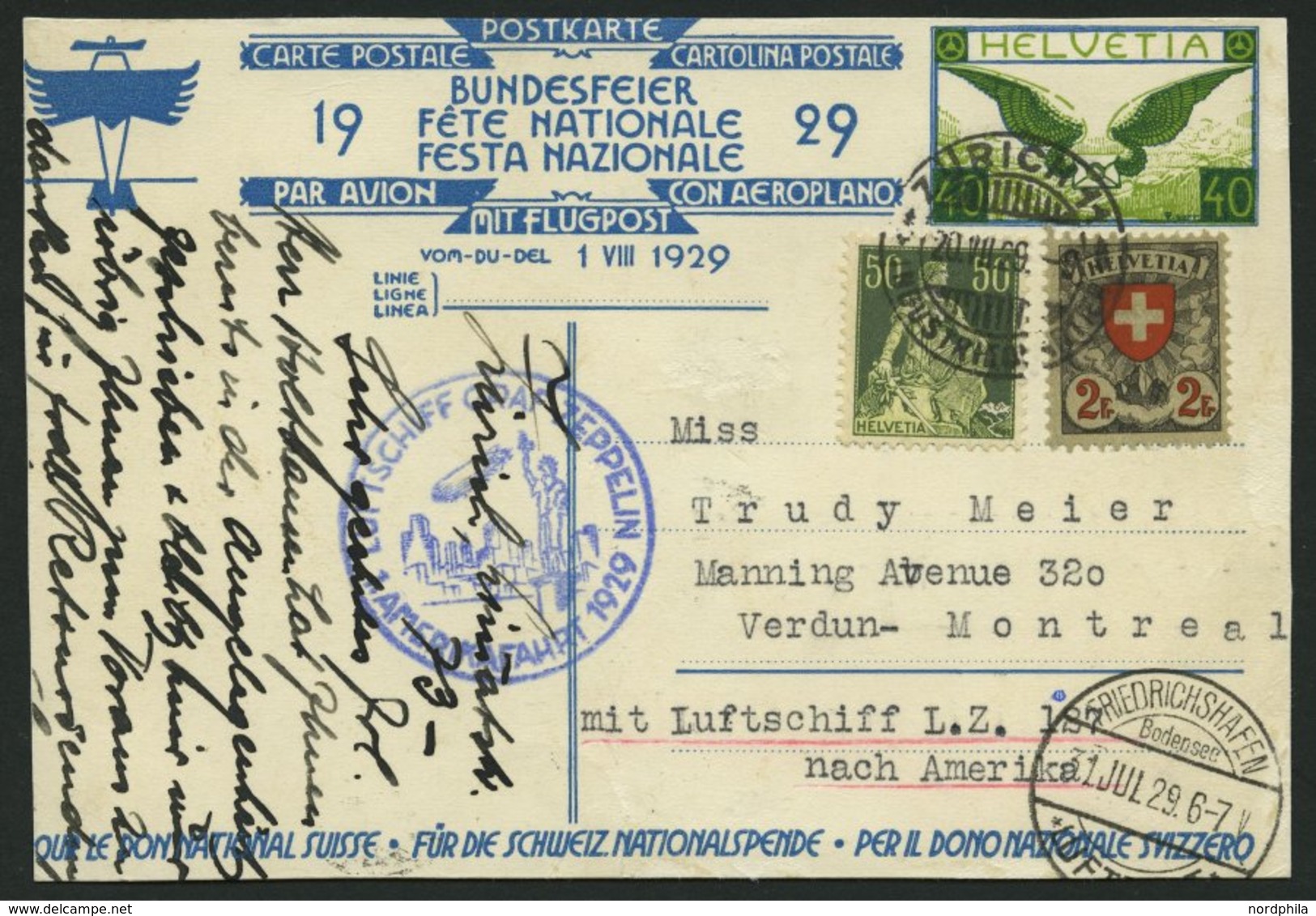 ZULEITUNGSPOST 27 BRIEF, Schweiz: 1929, 1. Nordamerikafahrt, Ohne Verzögerungsstempel, Prachtkarte - Airmail & Zeppelin