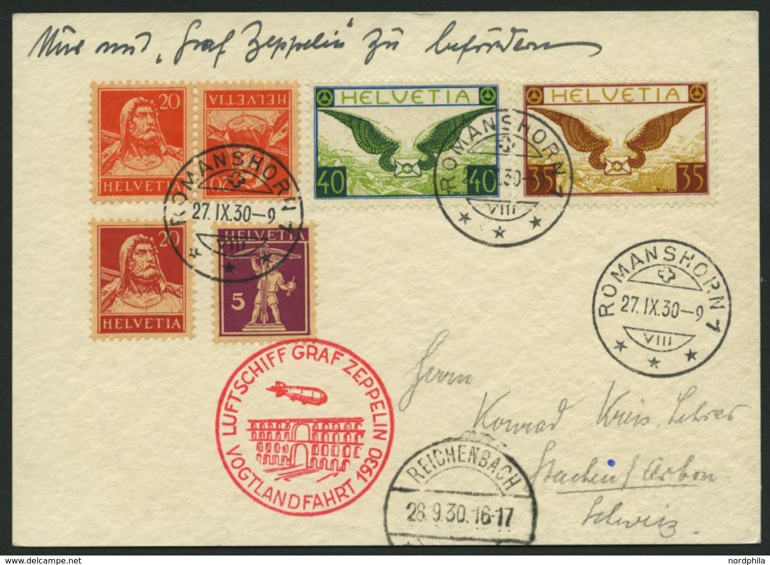 ZULEITUNGSPOST 90 BRIEF, Schweiz: 1930, Vogtlandfahrt, Prachtkarte - Airmail & Zeppelin