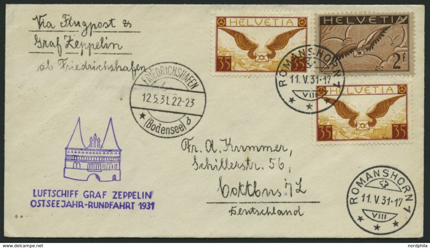 ZULEITUNGSPOST 108Bb BRIEF, Schweiz: 1931, Ostseejahr-Rundfahrt, Abgabe Lübeck, Prachtbrief - Airmail & Zeppelin