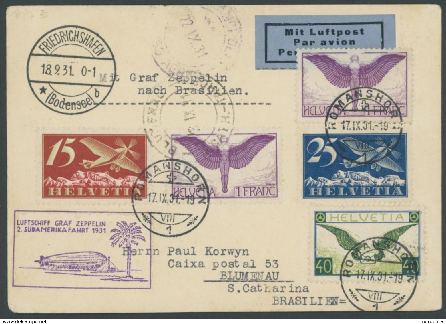 Schweiz: 1931, 2. Südamerikafahrt, Auflieferung Friedrichshafen Nach Brasilien, Prachtkarte -> Automatically Generated T - Poste Aérienne & Zeppelin