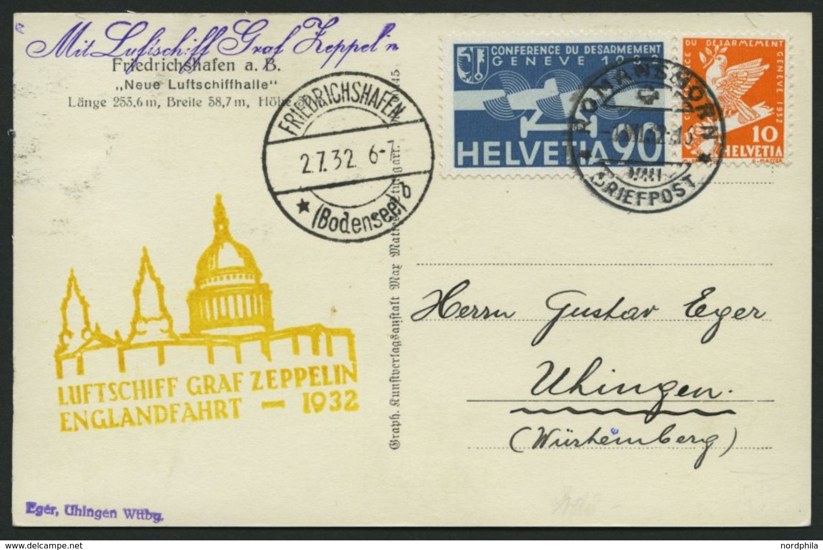 ZULEITUNGSPOST 168 BRIEF, Schweiz: 1932, Englandfahrt, Prachtkarte - Airmail & Zeppelin