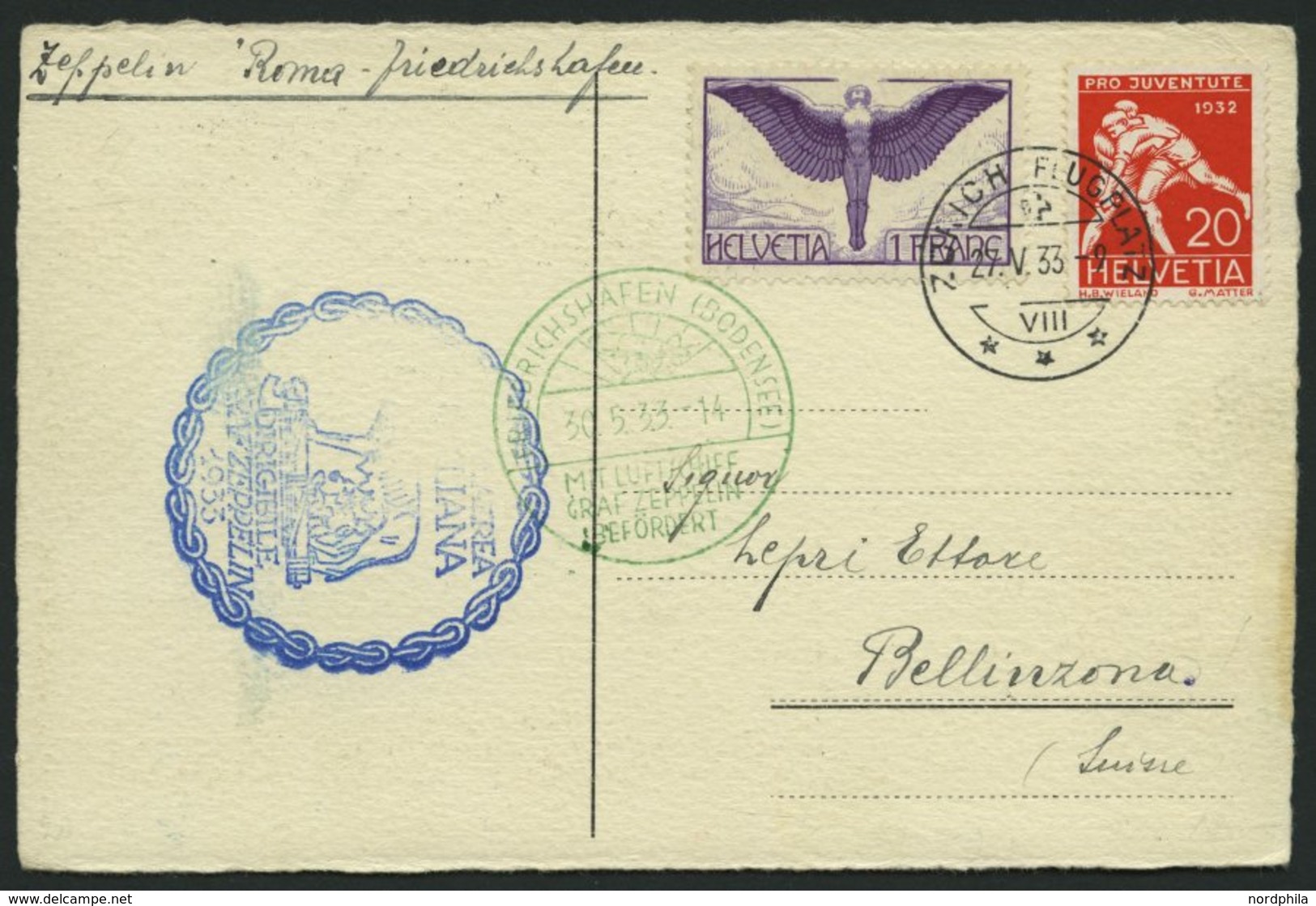 ZULEITUNGSPOST 207 BRIEF, Schweiz: 1933, Rom-Friedrichshafen, Sonderstempel Und Grüner Ankunftsstempel FRIEDRICHSHAFEN,  - Airmail & Zeppelin