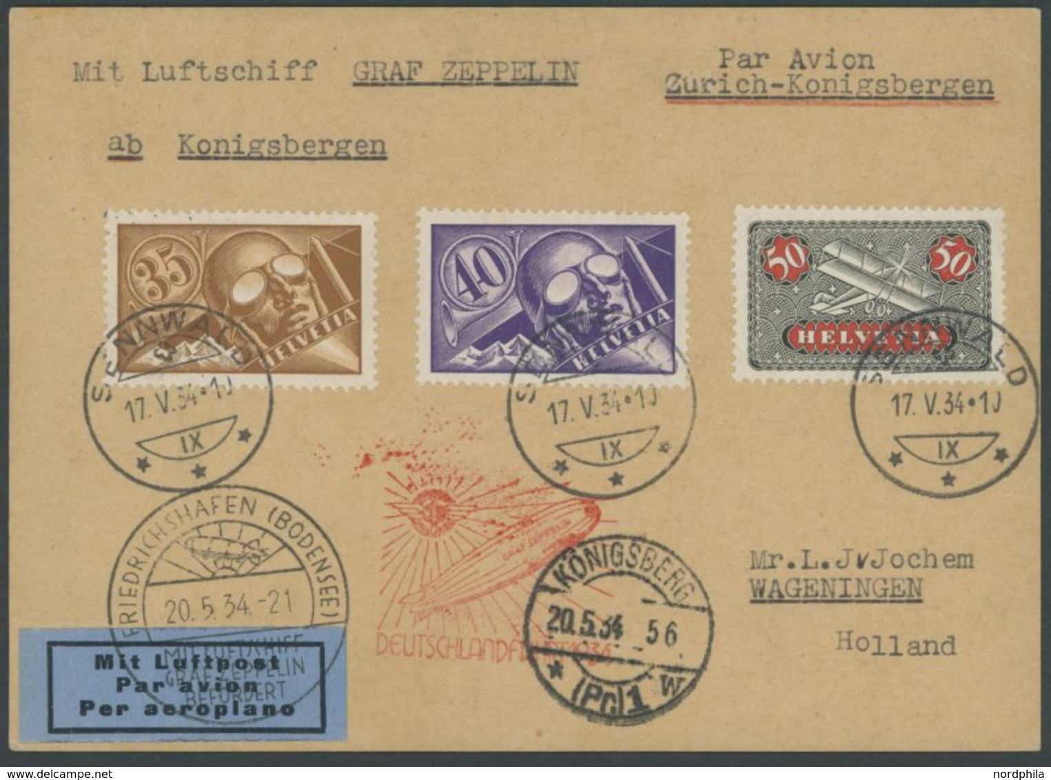 Schweiz: 1934, Deutschlandfahrt, Aufgabeort Sennwald, Auflieferung Königsberg, Prachtkarte Nach Holland, Sieger Unbekann - Luft- Und Zeppelinpost