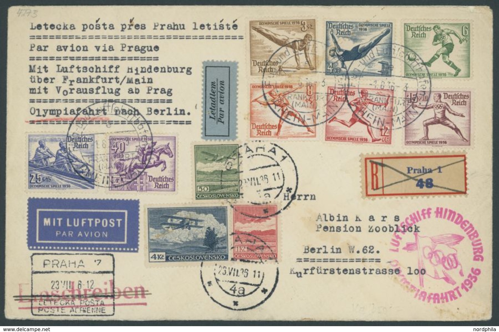 Tschechoslowakei: 1936 Olympiafahrt, CSR/DR-Frankatur Mit Komplettem Satz Olympiamarken, Brief Feinst -> Automatically G - Poste Aérienne & Zeppelin