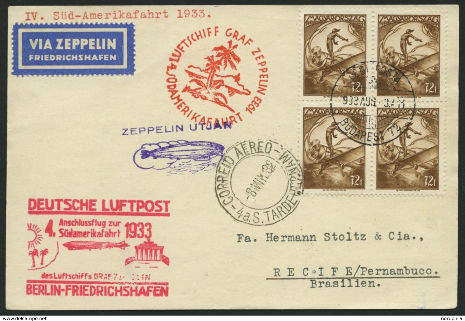 ZULEITUNGSPOST 223B BRIEF, Ungarn: 1933, 4. Südamerikafahrt, Anschlußflug Ab Berlin, Prachtkarte - Poste Aérienne & Zeppelin