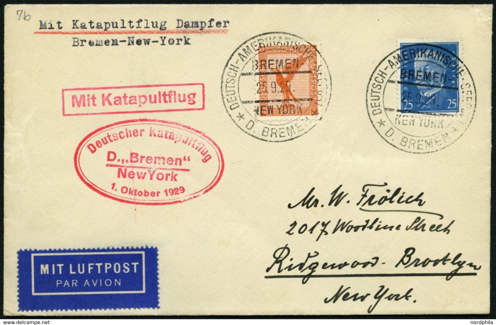 KATAPULTPOST 7b BRIEF, 1.10.1929, &quot,Bremen&quot, - New York, Seepostaufgabe, Prachtbrief - Correo Aéreo & Zeppelin