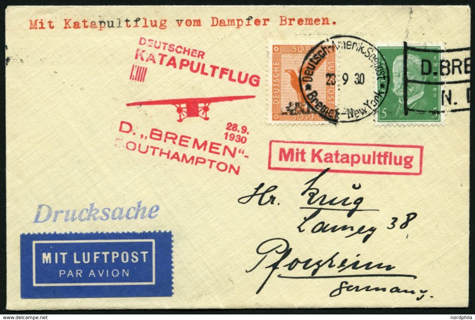 KATAPULTPOST 34c BRIEF, 28.9.1930, &quot,Bremen&quot, - Southampton, Deutsche Seepostaufgabe, Drucksache, Prachtbrief - Luft- Und Zeppelinpost