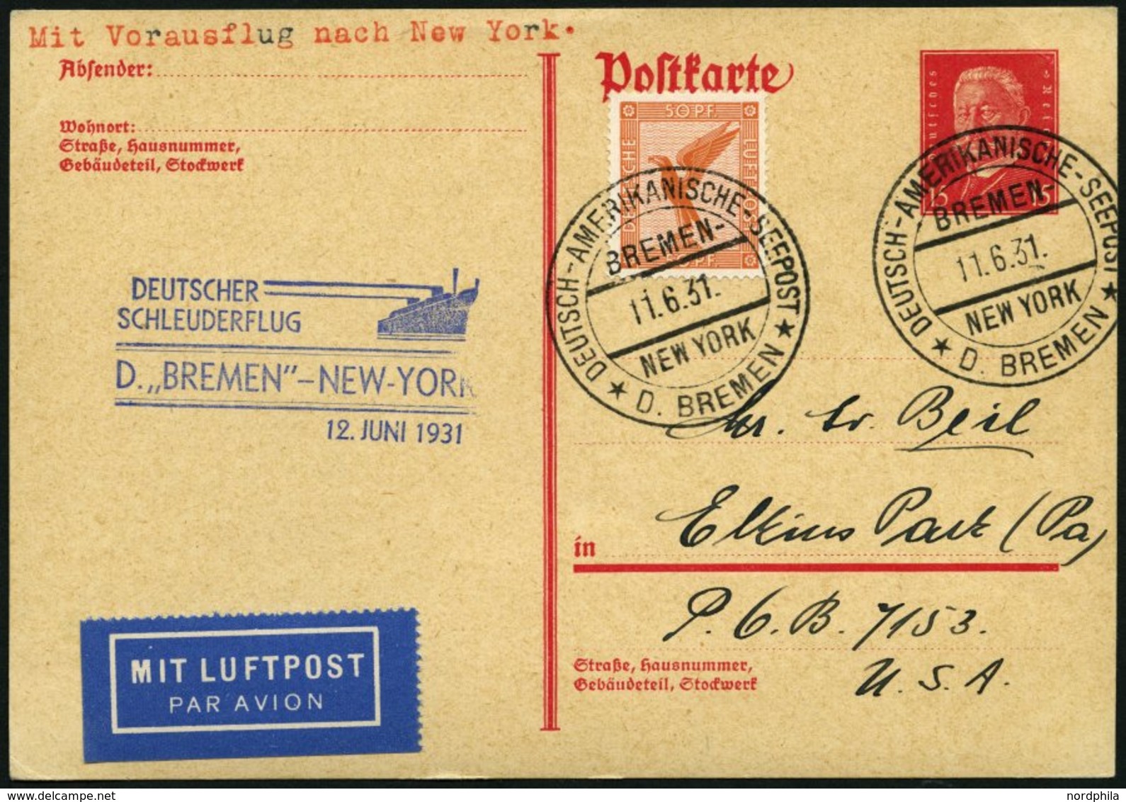 KATAPULTPOST 48b BRIEF, 12.6.1931, &quot,Bremen&quot, - New York, Seepostaufgabe, Auf 15. Pf. Hindenburg-Ganzsachenkarte - Luft- Und Zeppelinpost