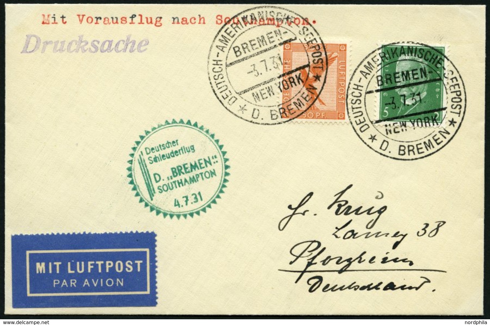 KATAPULTPOST 53c BRIEF, 4.7.1931, &quot,Bremen&quot, - Southampton, Deutsche Seepostaufgabe, Drucksache, Prachtbrief - Luft- Und Zeppelinpost