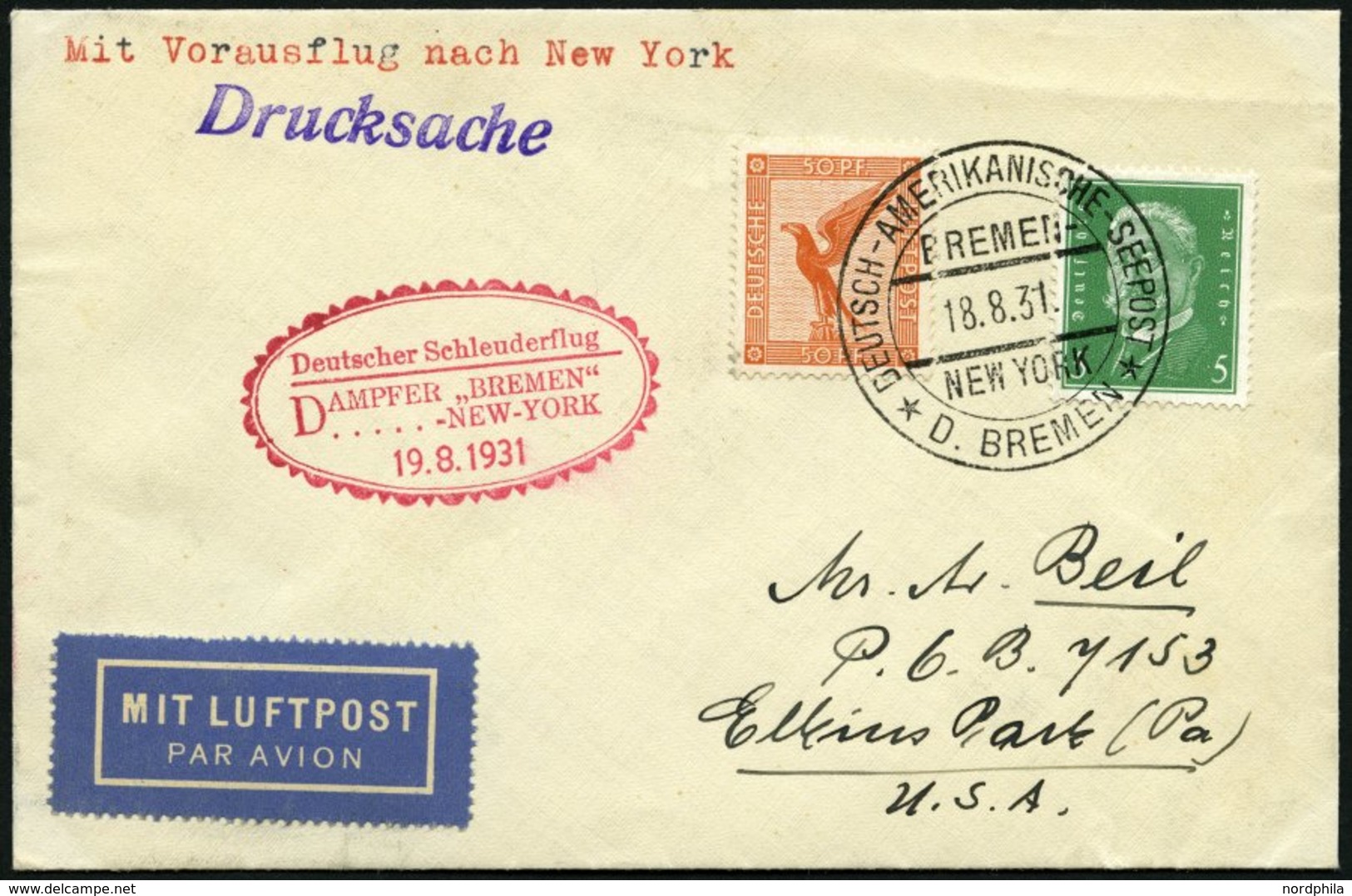 KATAPULTPOST 64b BRIEF, 18.8.1931, &quot,Bremen&quot, - New York, Seepostaufgabe, Drucksache, Prachtbrief - Luft- Und Zeppelinpost