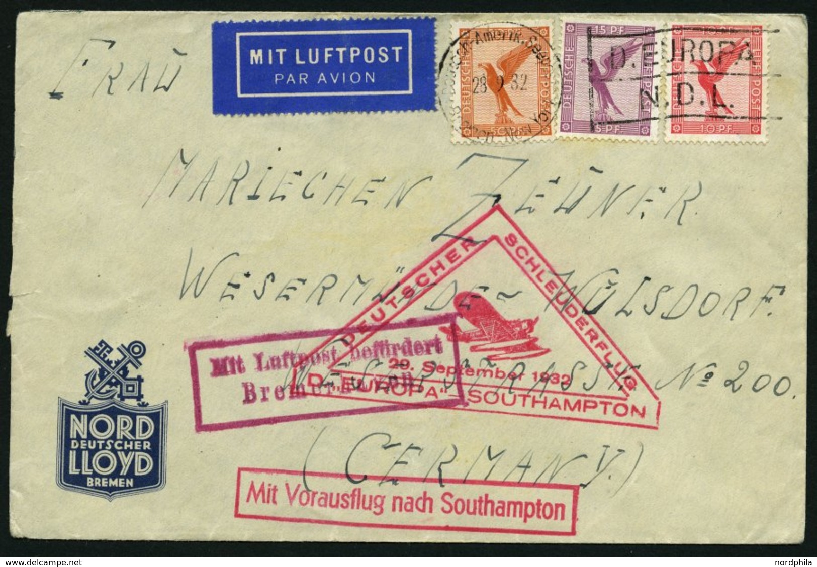 KATAPULTPOST 111c BRIEF, 29.9.1932, Europa - Southampton, Deutsche Seepostaufgabe, Brief Feinst - Luft- Und Zeppelinpost