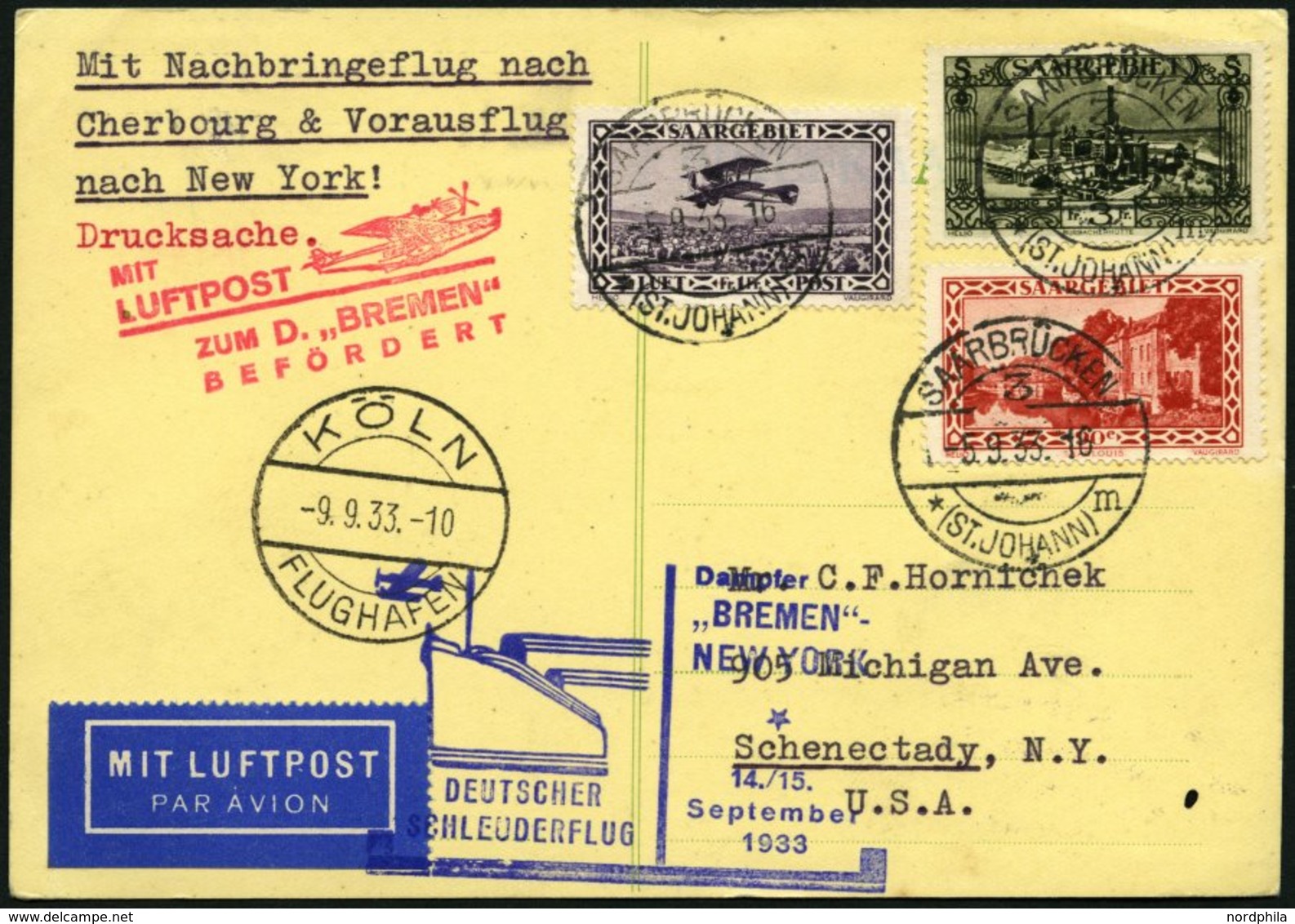 KATAPULTPOST 143Sr BRIEF, Saargebiet: 14.9.1933, Bremen - New York, Nachbringeflug, Frankiert U.a. Mit Mi.Nr. 160, Prach - Luft- Und Zeppelinpost