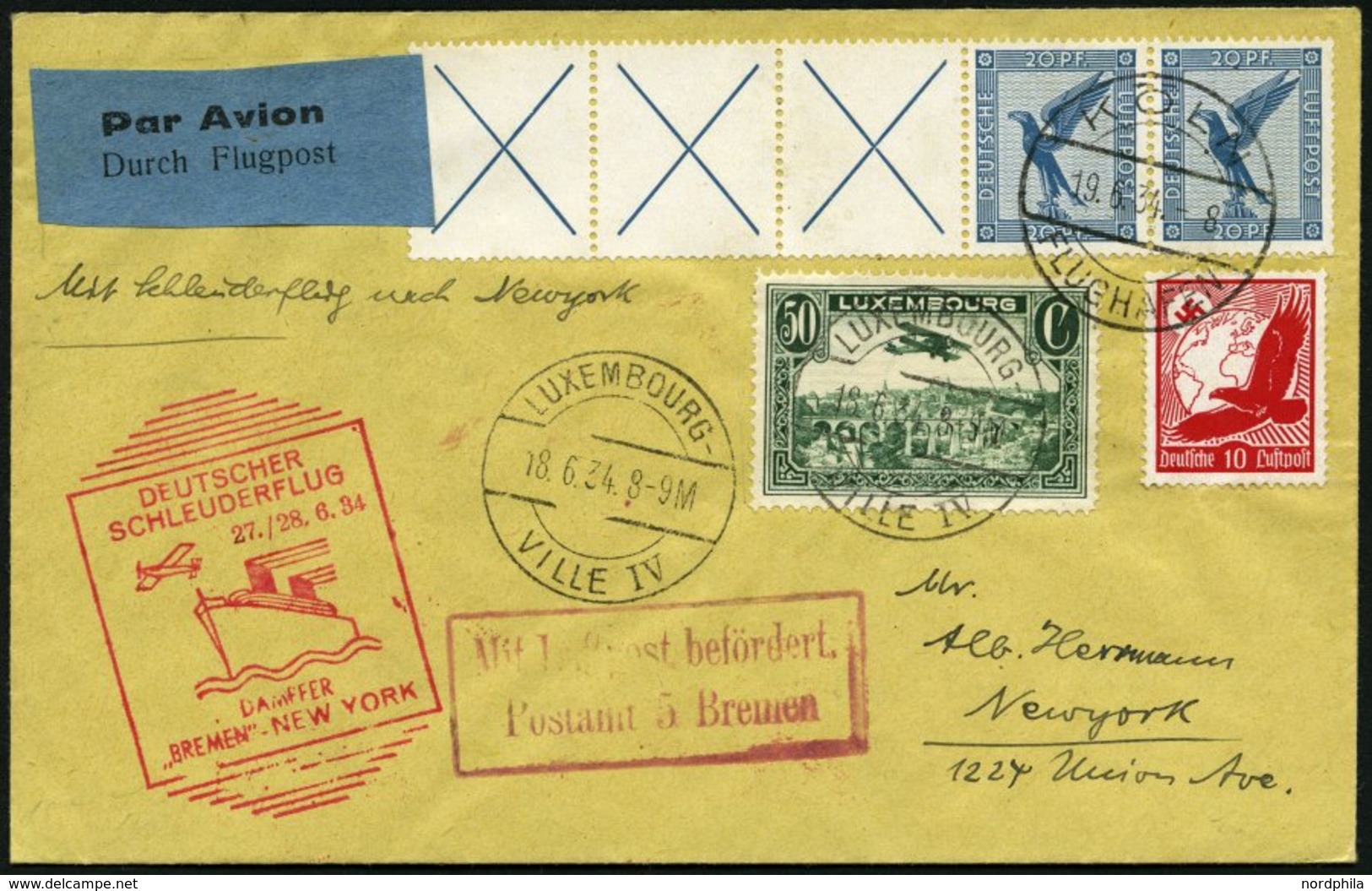 KATAPULTPOST 161Lu BRIEF, Luxemburg: 27.6.1934, Bremen - New York, Zweiländerfrankatur U.a. Mit DR Mi.Nr. W 21.3!, Prach - Poste Aérienne & Zeppelin