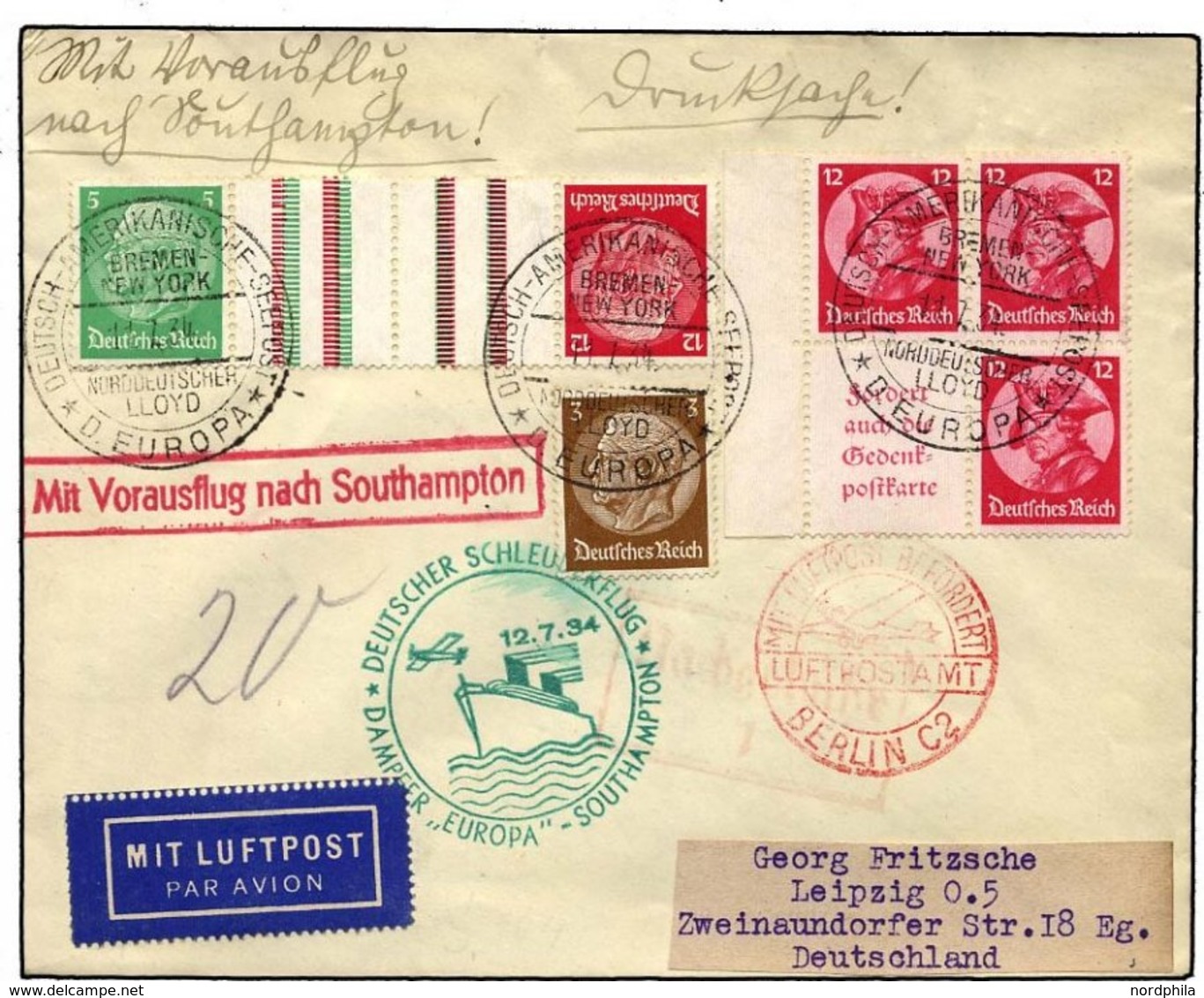 KATAPULTPOST 164c BRIEF, 12.7.1934, Europa - Southampton, Deutsche Seepostaufgabe, Frankiert Mit S 104 Und KZ 17, Drucks - Luft- Und Zeppelinpost