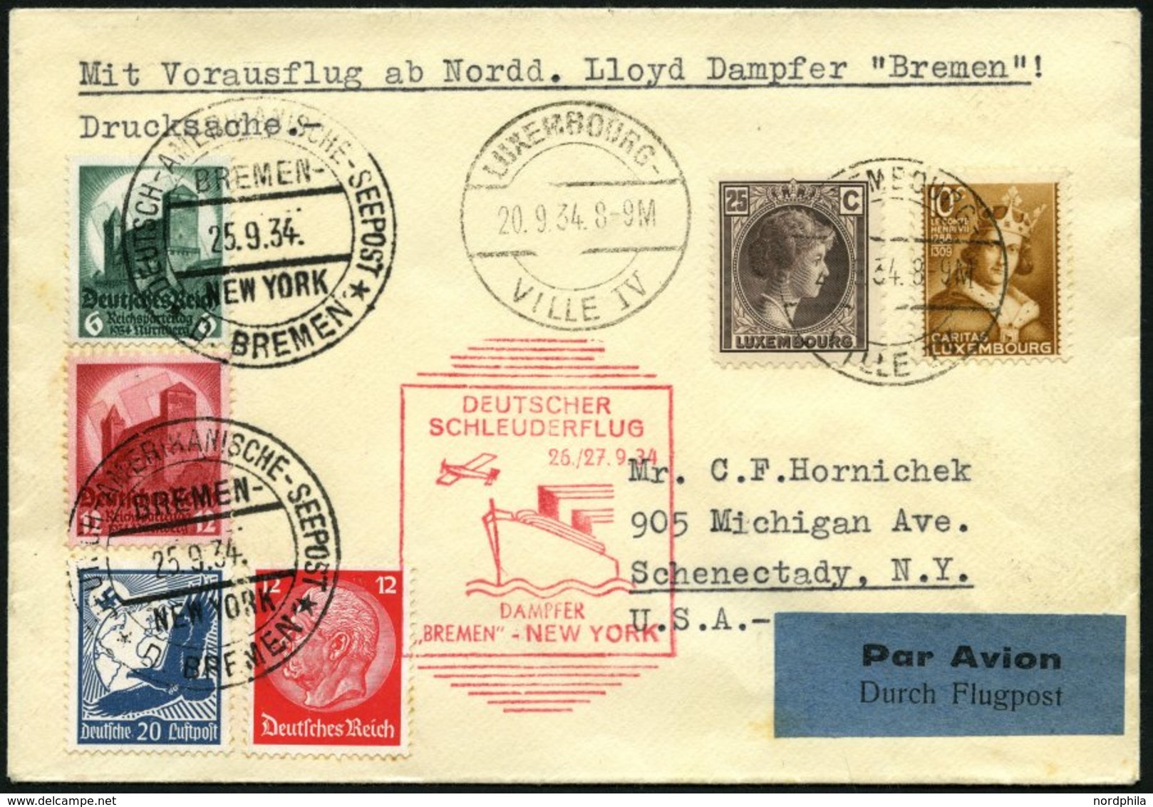 KATAPULTPOST 181Lu BRIEF, Luxemburg: 26.9.1934, Bremen - New York, Zweiländerfrankatur, Prachtbrief - Luft- Und Zeppelinpost