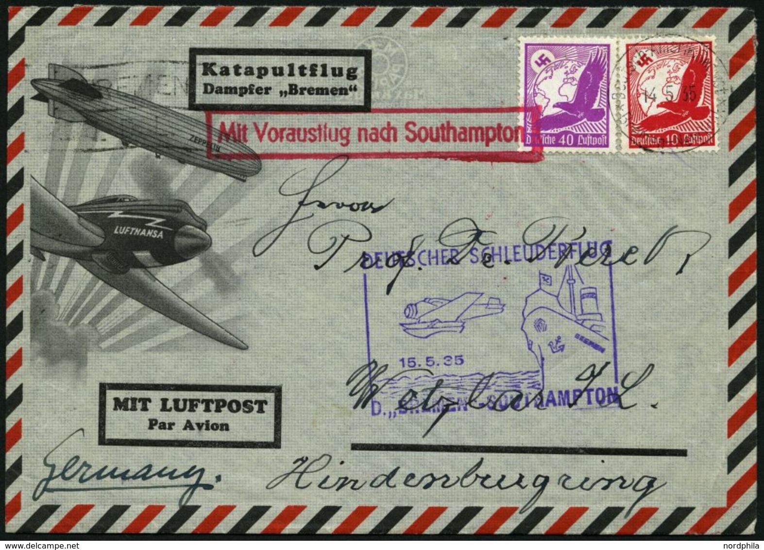 KATAPULTPOST 186c BRIEF, 15.5.1935, &quot,Bremen&quot, - Southampton, Deutsche Seepostaufgabe, Prachtbrief - Poste Aérienne & Zeppelin