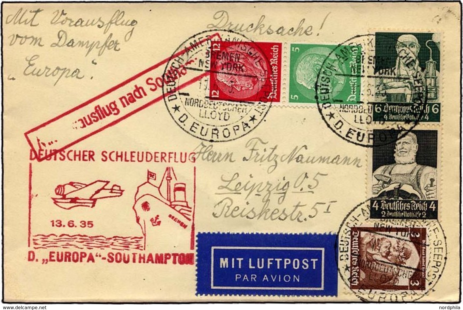 KATAPULTPOST 193c BRIEF, 13.6.1935, Europa - Southampton, Deutsche Seepostaufgabe, Drucksache, Pracht - Luft- Und Zeppelinpost