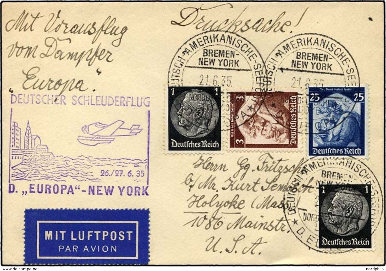 KATAPULTPOST 195b BRIEF, 26.6.1935, Europa - New York, Seepostaufgabe, Drucksache, Pracht - Luft- Und Zeppelinpost