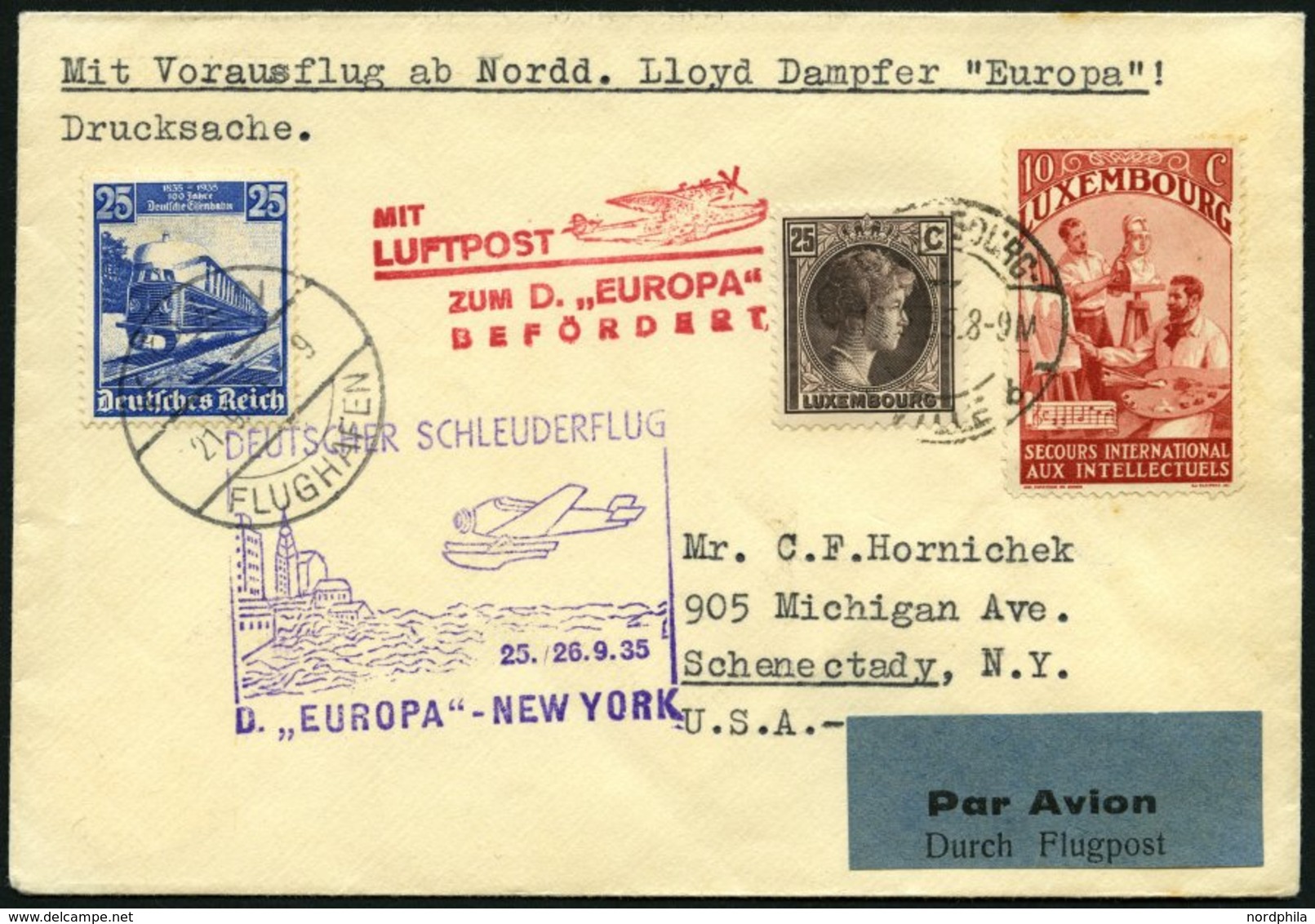 KATAPULTPOST 215Lu BRIEF, Luxemburg: 25.9.1935, Europa - Southampton, Nachbringeflug, Zweiländerfrankatur, Drucksache, P - Airmail & Zeppelin