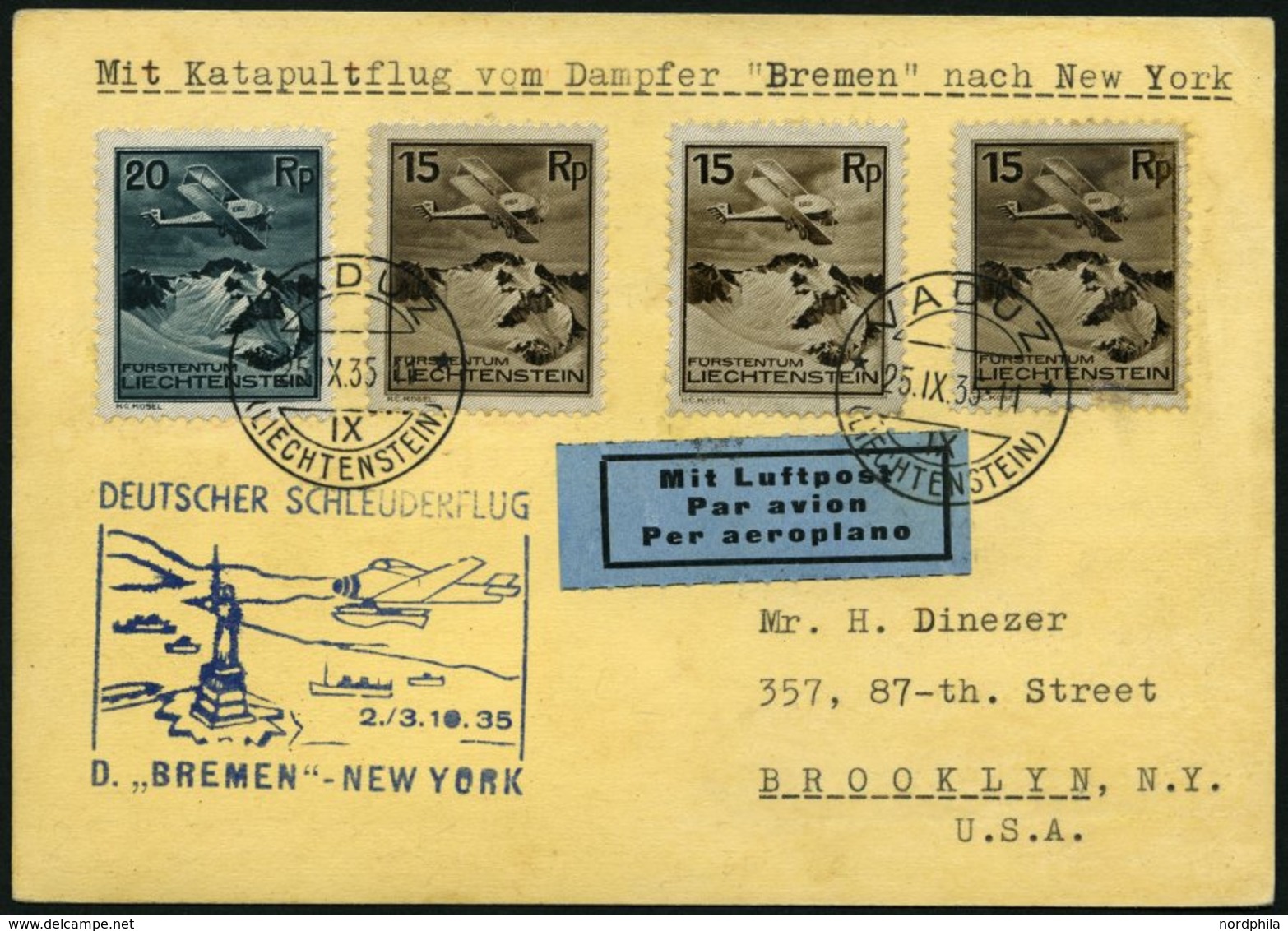KATAPULTPOST 217Li BRIEF, Liechenstein: 2.10.1035, Bremen - New York, Prachtkarte, RR!, Nur 12 Belege Befördert! - Luft- Und Zeppelinpost