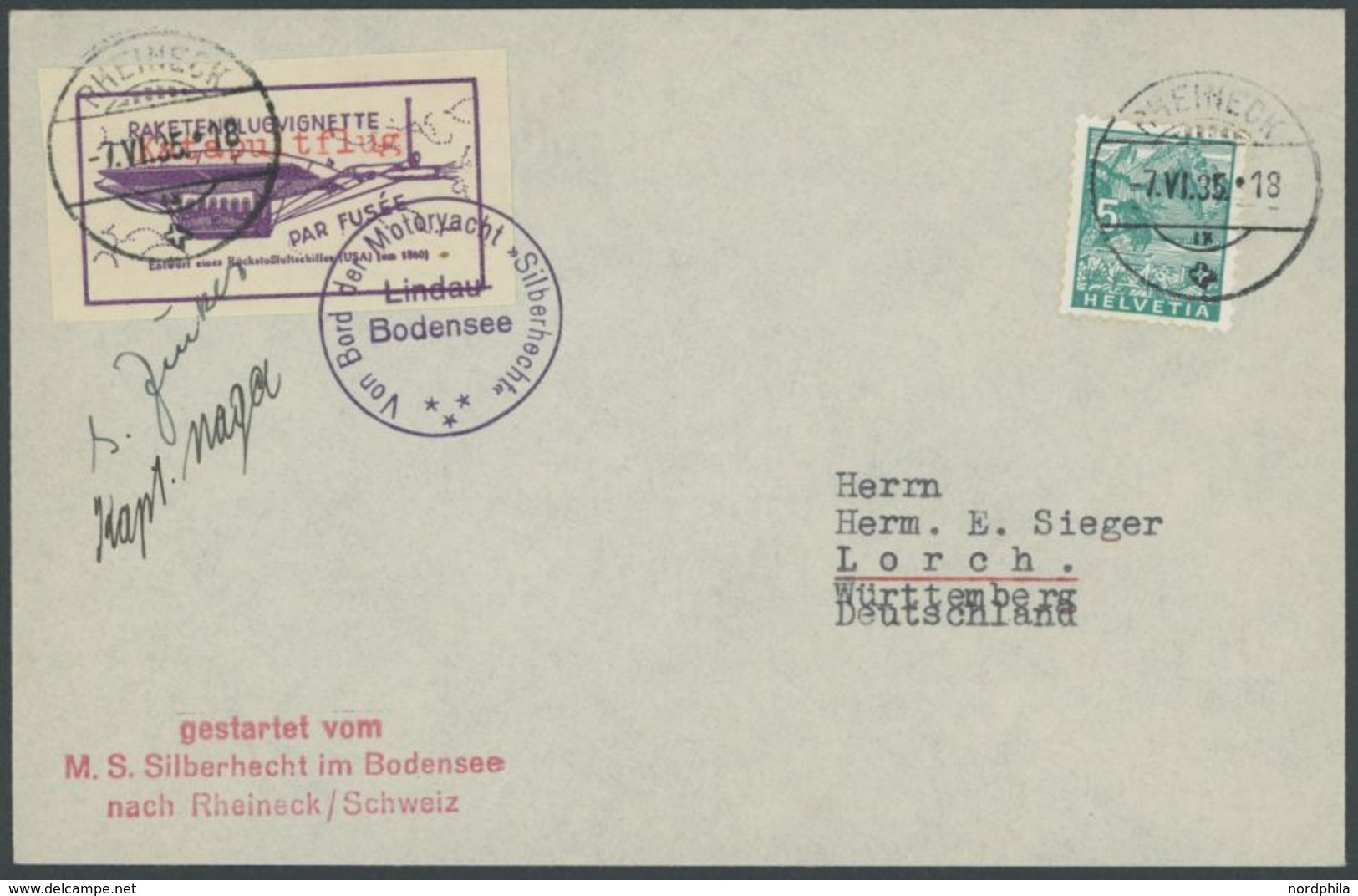 7.6.1935, Raketenflug Von Der M.S. Silberhecht Im Bodensee Nach Rheinbeck/Schweiz, Mit Violetter Vignette (EZ 1A1), Sign - Airplanes