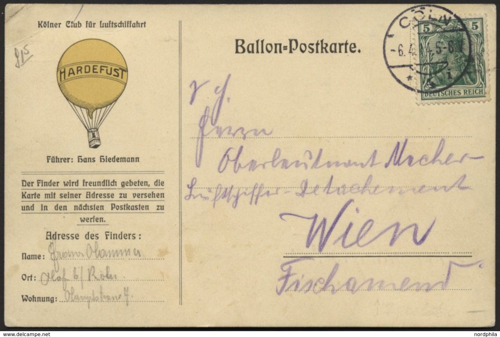 BALLON-FAHRTEN 1897-1916 5.4.1914, Kölner Club Für Luftschiffahrt, Abwurf Vom Ballon HARDEFUST, Postaufgabe In Cöln Am 6 - Airships