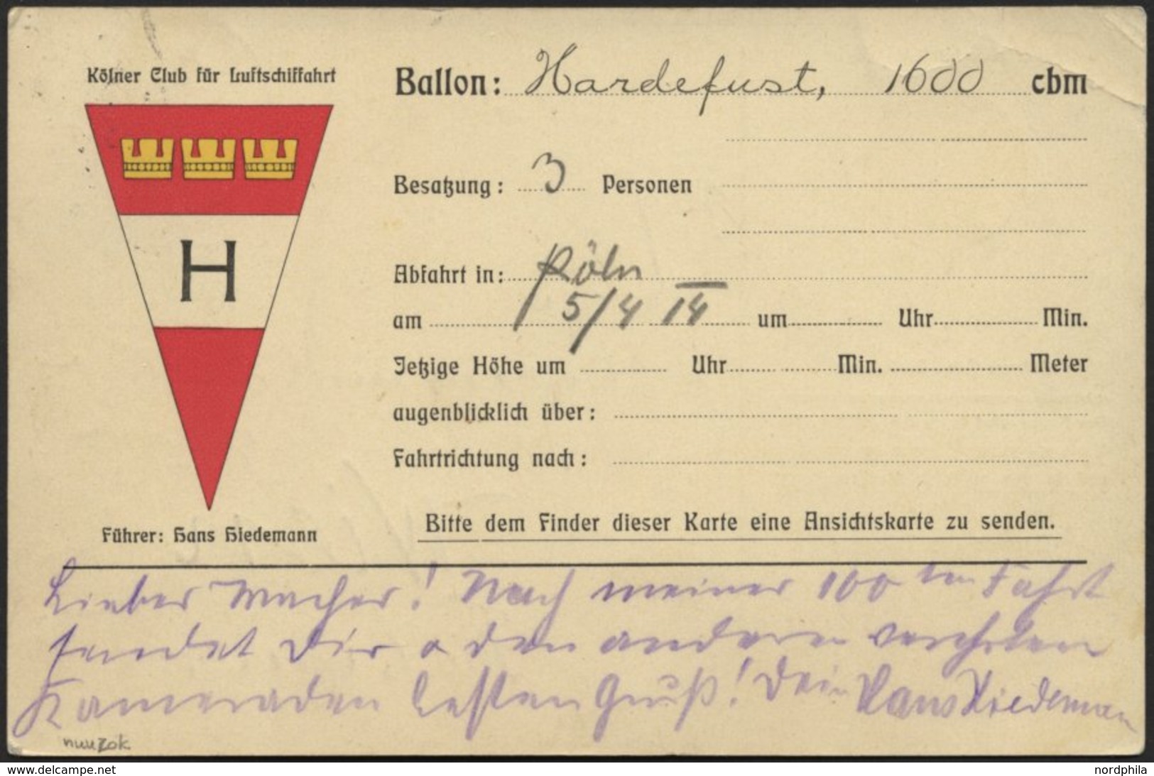 BALLON-FAHRTEN 1897-1916 5.4.1914, Kölner Club Für Luftschiffahrt, Abwurf Vom Ballon HARDEFUST, Postaufgabe In Cöln Am 6 - Airships